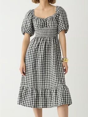 J. Crew Black and White Gingham Smocked Midi Dress